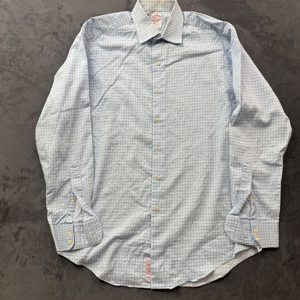 Brooks Brothers Madison Dress Shirt 16-35 Blue White Grid Egyptian Cotton USA